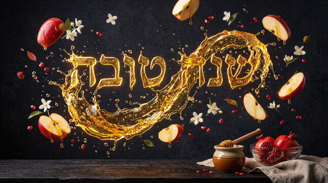 Rosh Hashanah Celebration with Honey Splash Shana Tova Hebrew Text, Apples and Pomegranates