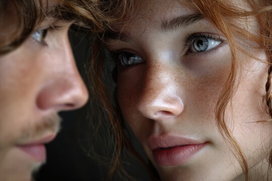 Two individuals share a close gaze, showcasing deep emotions and intricate details of their expressions.