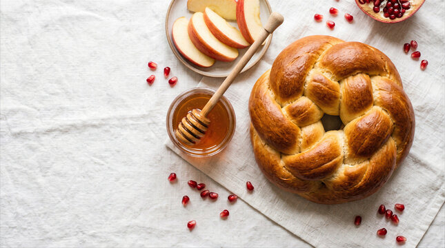 Rosh Hashanah food with round challah bread, honey dipper, apple slices, and pomegranate seeds on white linen. Jewish New Year festive flat lay.