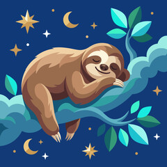 Fototapeta premium A peaceful sloth rests on a branch under a starry sky, embodying tranquility and a slow pace of life while surrounded by the beauty of celestial nature and dreams.