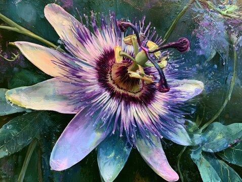 Colourful encaustic passion flower