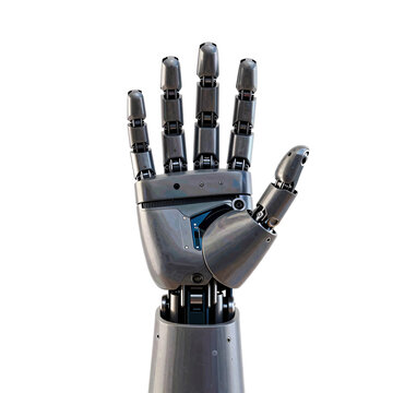 Metallic robot hand extending forward with the palm open and fingers spread