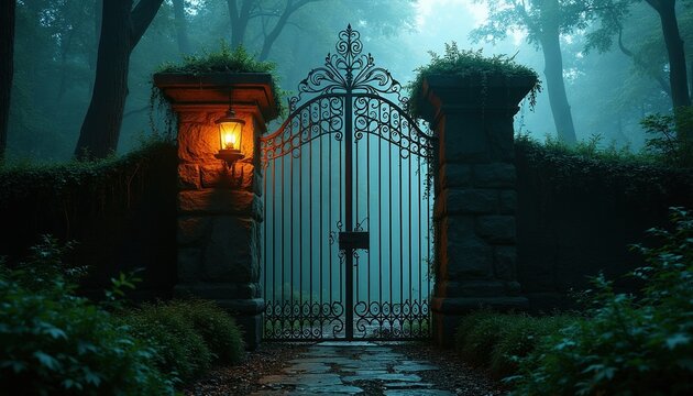 Old metal gate stands in dark forest with thick fog. Glowing lantern light illuminates stone pillars covered in moss at night. Mysterious entrance path leads to abandoned park gothic estate. Spooky