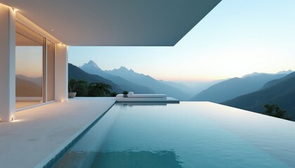 Fototapeta premium Modern luxury villa features infinity pool with serene mountain landscape view. Contemporary minimalist architecture home offers peaceful outdoor terrace space. Elegant residence provides tranquil
