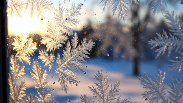 Natural frost patterns form ornate crystalline shapes across a residential pane while the golden sun rises over a cold snowy landscape to signal the start of a crisp and quiet midwinter morning