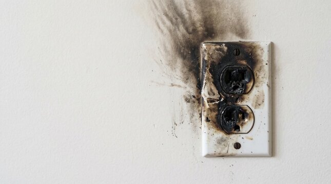 Burnt electrical outlet on a white wall, showing damage from an electrical fire or short circuit, a dangerous household hazard