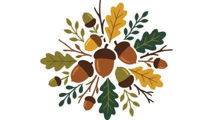 Autumn acorn and oak leaf wreath. Fall season botanical illustration with forest elements. © Mahraz