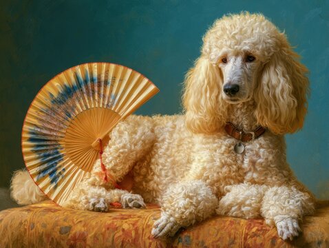 Spoiled Poodle With A Decorative Fan To Keep Them Cool 8k --a scene