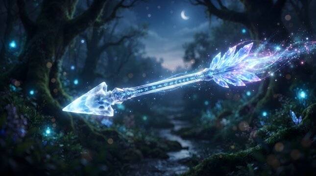Magical glowing crystal arrow flying through enchanted forest with enchanted fairytale mystical ethereal sparkling shooting projectile adventure mythology folklore illuminated luminous