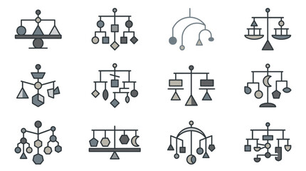 Fototapeta premium Balance scale and kinetic mobile structure icons.