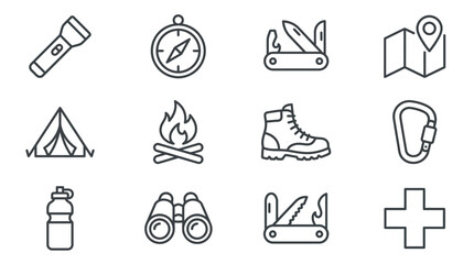 Fototapeta premium Basic survival kit and camping equipment icons.