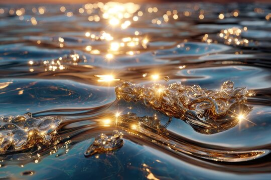 Water surface captures sunlight, forming sparkling reflections and gentle waves during golden hour.