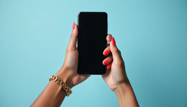Woman holds black smartphone in hand with red nails and gold bracelet. Person uses mobile device for calls texting browsing online connection.