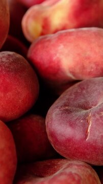 Fresh flat peaches and round peaches displayed on farmers market stall with ripe summer fruit and colorful seasonal harvest in natural daylight
