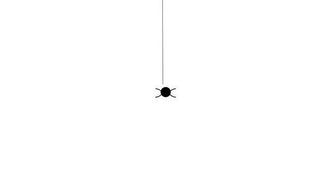 Minimalist black spider hanging from a web on a white background.