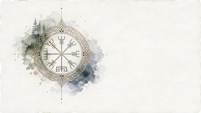 Minimalist Ancient Norse Vegvisir Runic Compass Engraving Luxury Watercolor Pine Forest Banner