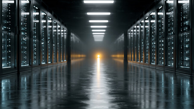 Server racks stand in a dimly lit data center corridor with a glowing light at the end of the aisle.