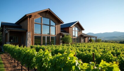 Obraz premium Modern winery building with stone and wood facade sits among green vineyard rows. Sunny day with clear blue sky over rolling hills and mountains.