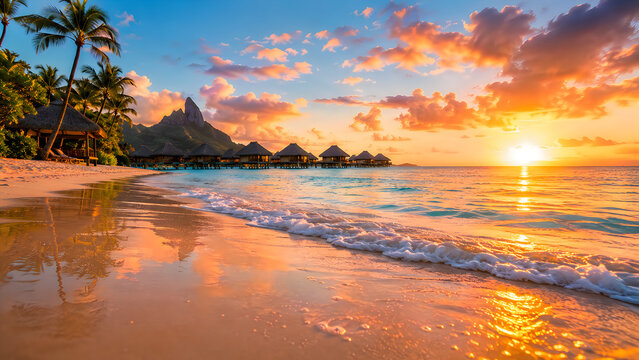 Tropical beach sunset in Bora Bora. Exotic island landscape with luxury overwater bungalows.