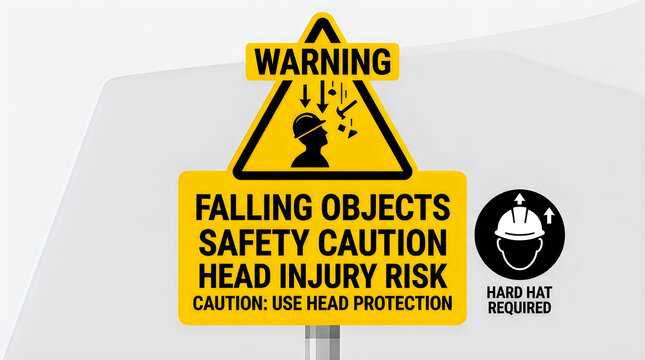 Falling objects warning sign. Industrial safety caution label with hard hat required icon.