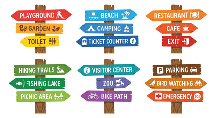 Collection of directional signposts with icons indicating recreational and service locations vector illustration signpost © Bijori