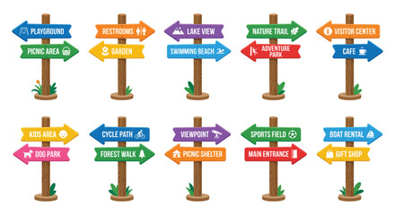 Collection Of Colorful Directional Signposts With Pictograms On A White Background signpost signage signs © Bijori