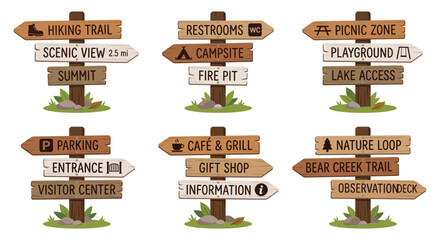 Wooden signposts with directional information and icons vector illustration on a white background signpost © Bijori