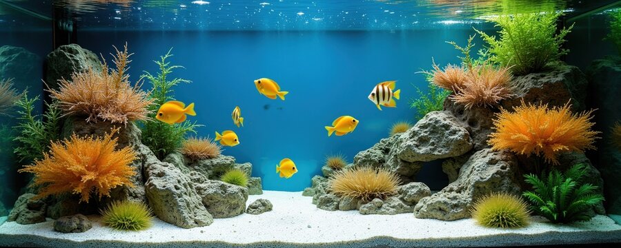 Freshwater aquarium displays yellow cichlid fish swimming among green plants, grey stones on sandy ground. Home water tank features pro aquascape design with vibrant colors. Peaceful underwater life