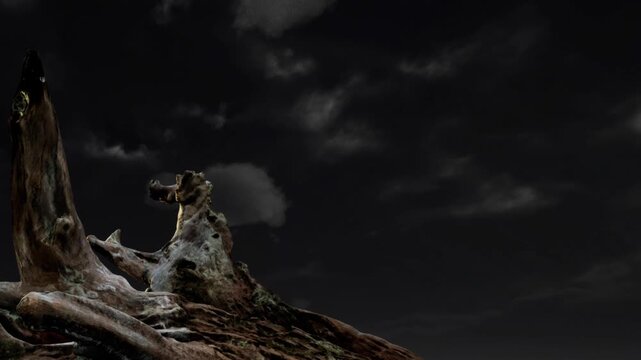 A tree stump stands against a dark sky. Clouds fill the night sky, adding depth to the scene. The stump has a distinct shape and texture that catches the eye.