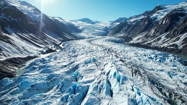 Sunlight illuminates the majestic expanse of the massive mountain glacier as the frozen river of ice flows down between towering rocky peaks under a bright blue sky during a crisp winter