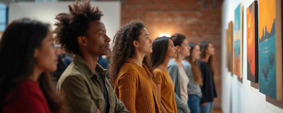 Diverse group of young people look at colorful paintings in modern art gallery hall. Multiethnic friends enjoy creative exhibition during weekend visit. Students observe contemporary canvas