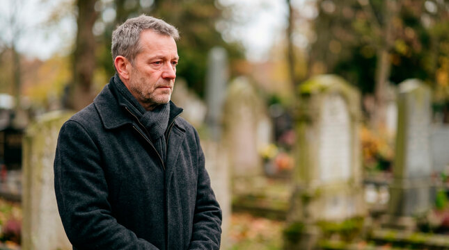 Sad man standing in cemetery looking at grave. Mourning widower visiting burial site during autumn. Concept of grief, loss, memorial service, funeral tradition and remembrance of past.