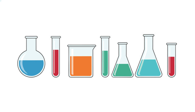 Set of laboratory glassware featuring flasks, beakers, and test tubes containing colorful chemical solutions for experimentation.