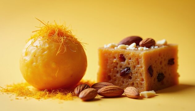 Round orange laddu, square mysore pak authentic indian sweets. Traditional festive food with saffron strands, almonds rests on plain yellow background. Closeup view of delicious sugary dessert snacks