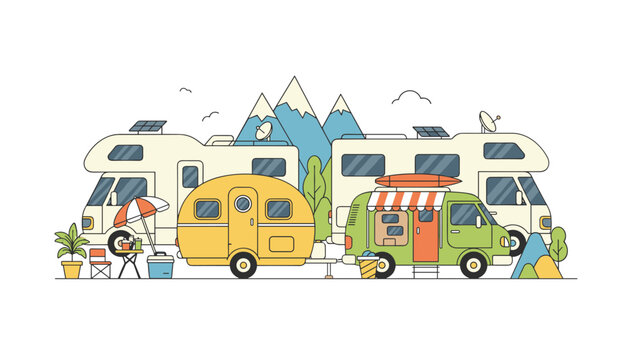 Camping scene with various recreational vehicles, trailers, and vans parked before a mountain landscape for a road trip adventure.