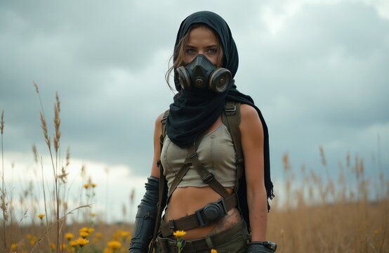 Post apocalyptic woman survivor wearing gas mask in field. Woman wears dirty ragged clothes and army backpack. She stands in dry grass with yellow flowers under cloudy sky.
