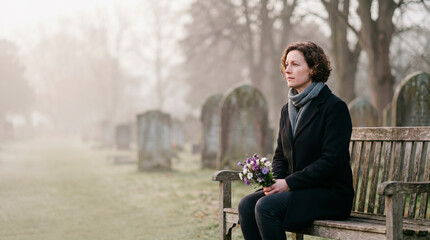 Fototapeta premium Woman sitting on wooden bench in cemetery holding flower bouquet. Mourning person visiting graveyard grave. Grief, loss, sadness, remembrance concept and funeral service theme.