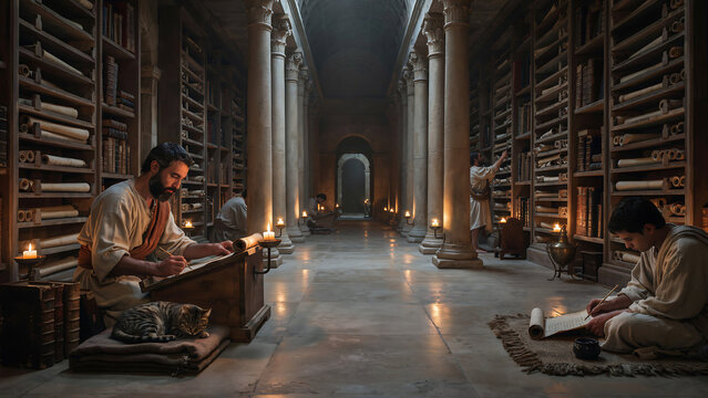 Ancient Scribes Documenting Manuscripts Within Monumental Library Setting