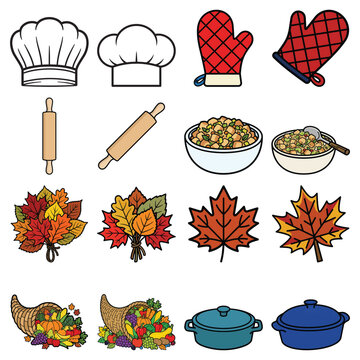 Collection of autumn kitchen accessories, oven mitts, rolling pins, maple leaves, cornucopia baskets, cookware, stuffing bowls, and Thanksgiving harvest decorations.