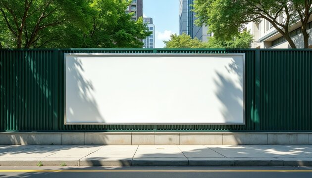 Large white advertising billboard on green fence beside city sidewalk. Blank copy space for message, marketing campaign, or public announcement. Urban backdrop with trees and buildings.