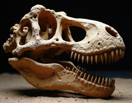 Detailed view of Tarbosaurus baatar dinosaur skull found in Gobi desert Mongolia. Fossilized ancient reptile head features large teeth, open jaw. Prehistoric skeleton bone specimen remains for