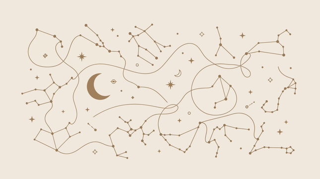 Celestial map line art with zodiac constellations, crescent moon, and stars on cream background. Minimalist astronomical chart with fluid connecting lines and gold tones.
