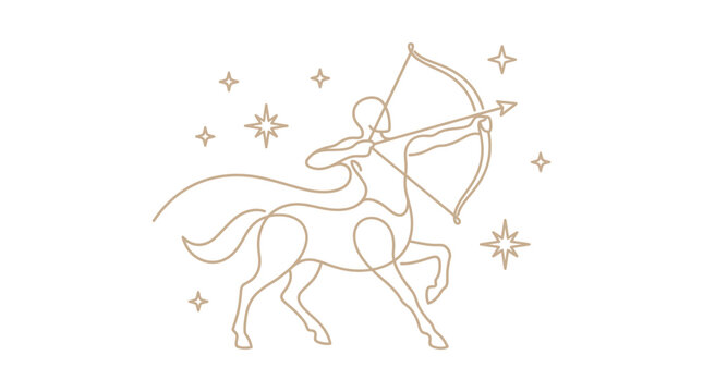 Minimalist gold line art of Sagittarius centaur archer aiming bow and arrow with stars on white background; celestial zodiac symbol vector illustration.
