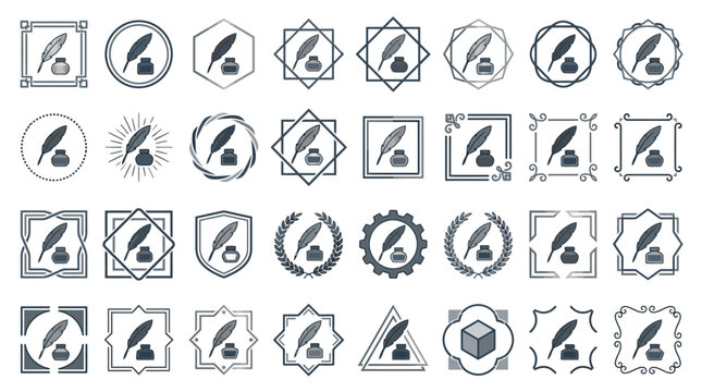 Collection of feather quill and inkwell emblem logos.