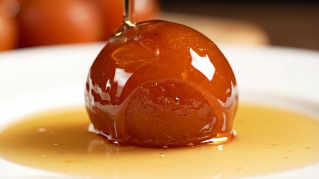 Sweet gulab jamun with dripping syrup on white plate.