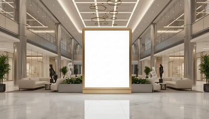 Obraz premium Modern luxurious building interior with a large blank vertical billboard display, perfect for advertising.