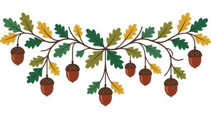 Autumn oak leaves and acorn garland. Fall season botanical border with forest nuts. © @ahmedmaynul