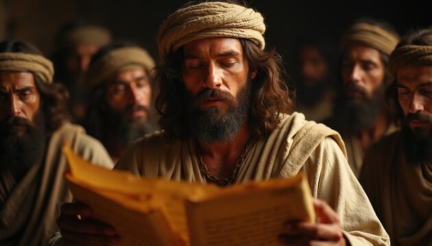 Man with beard reads ancient scroll to group of men. People listen attentively in dim light. Biblical scene study, discussion, gathering with followers.