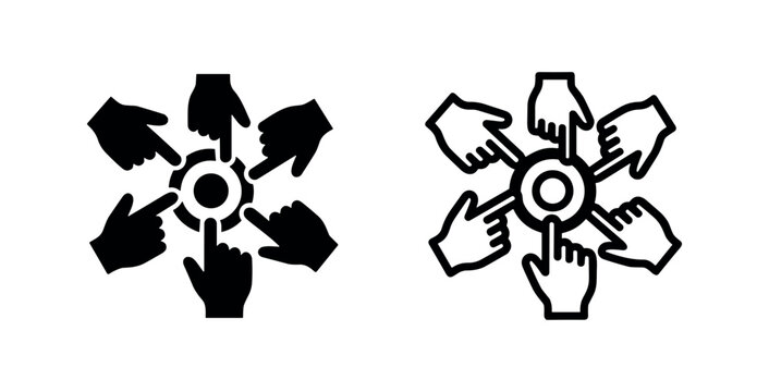 Multiple hands pointing to a central point icon, symbolizing collaboration, focus, team effort, or targeting a goal.