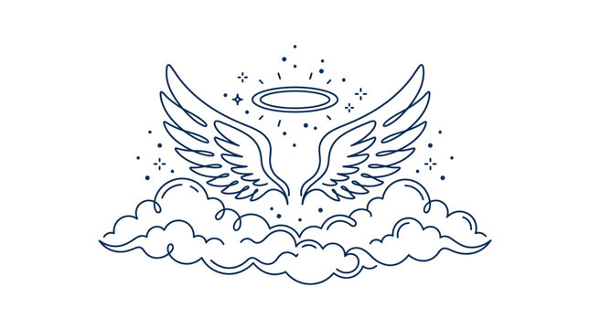 Minimalist blue line art illustration of feathered angel wings with a glowing halo floating above stylized clouds and stars on a plain white background.
